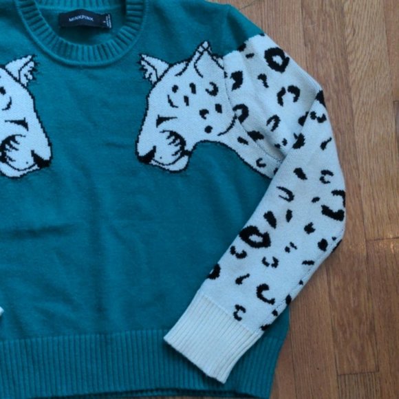 MINKPINK MINK PINK SNOW LEOPARD INTARSIA SWEATER AUTHENTIC GREEN WHITE SMALL - Picture 3 of 10